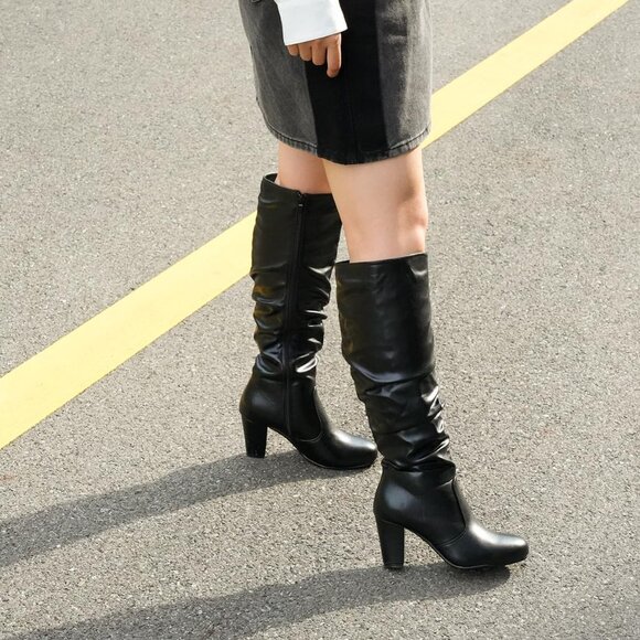 Women's Black Knee High Boots Side Zip closure Chunky Heels Fall Winter Booties - Picture 3 of 5